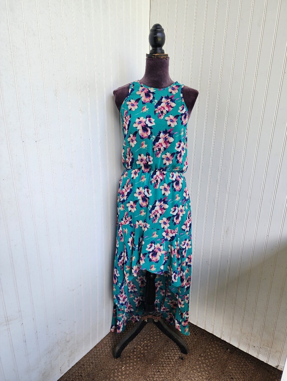 Charles Henry Teal Frean Floral Print Sheath Dress Women Hi Low Sleveless Sz S